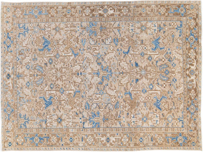 Antique Persian Heriz Handmade Geometric Floral Beige and Blue Wool Rug
