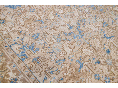 Antique Persian Heriz Handmade Geometric Floral Beige and Blue Wool Rug