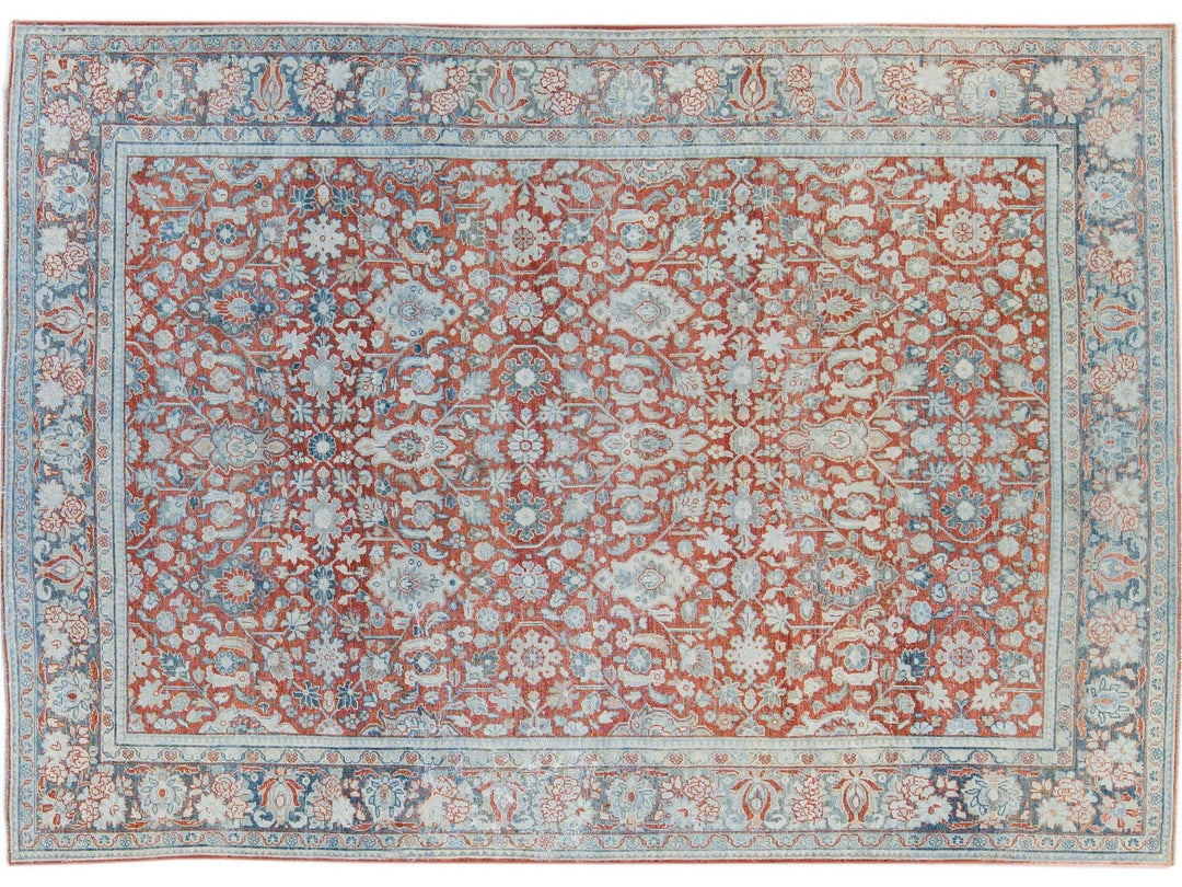 Antique Mahal Handmade Floral Motif Red Wool Rug
