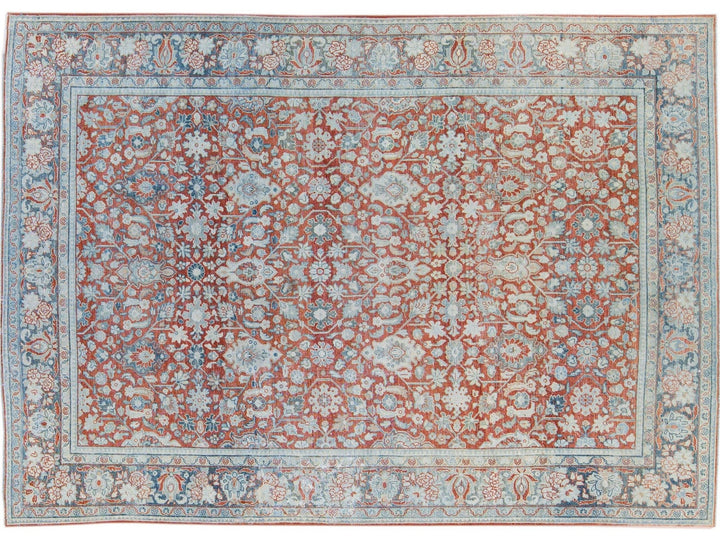 Antique Mahal Handmade Floral Motif Red Wool Rug