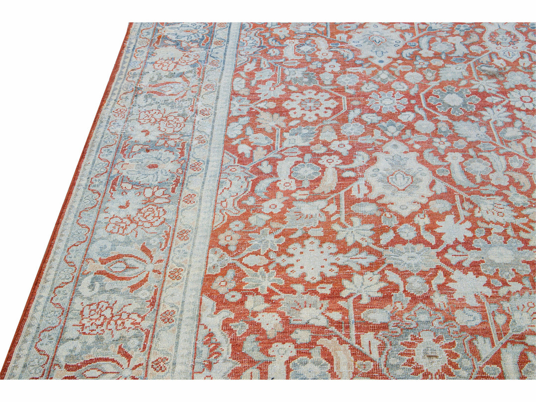 Antique Mahal Handmade Floral Motif Red Wool Rug