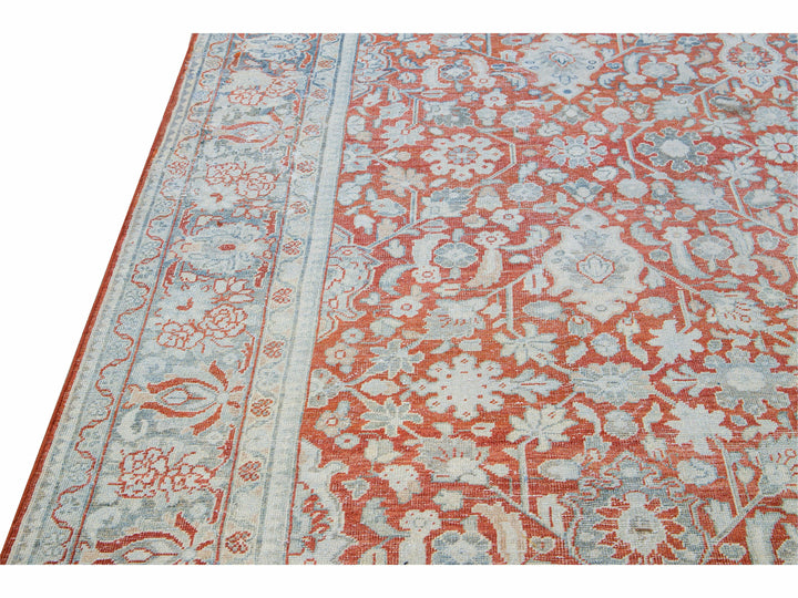 Antique Mahal Handmade Floral Motif Red Wool Rug