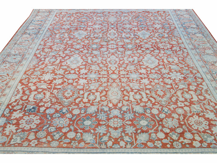 Antique Mahal Handmade Floral Motif Red Wool Rug