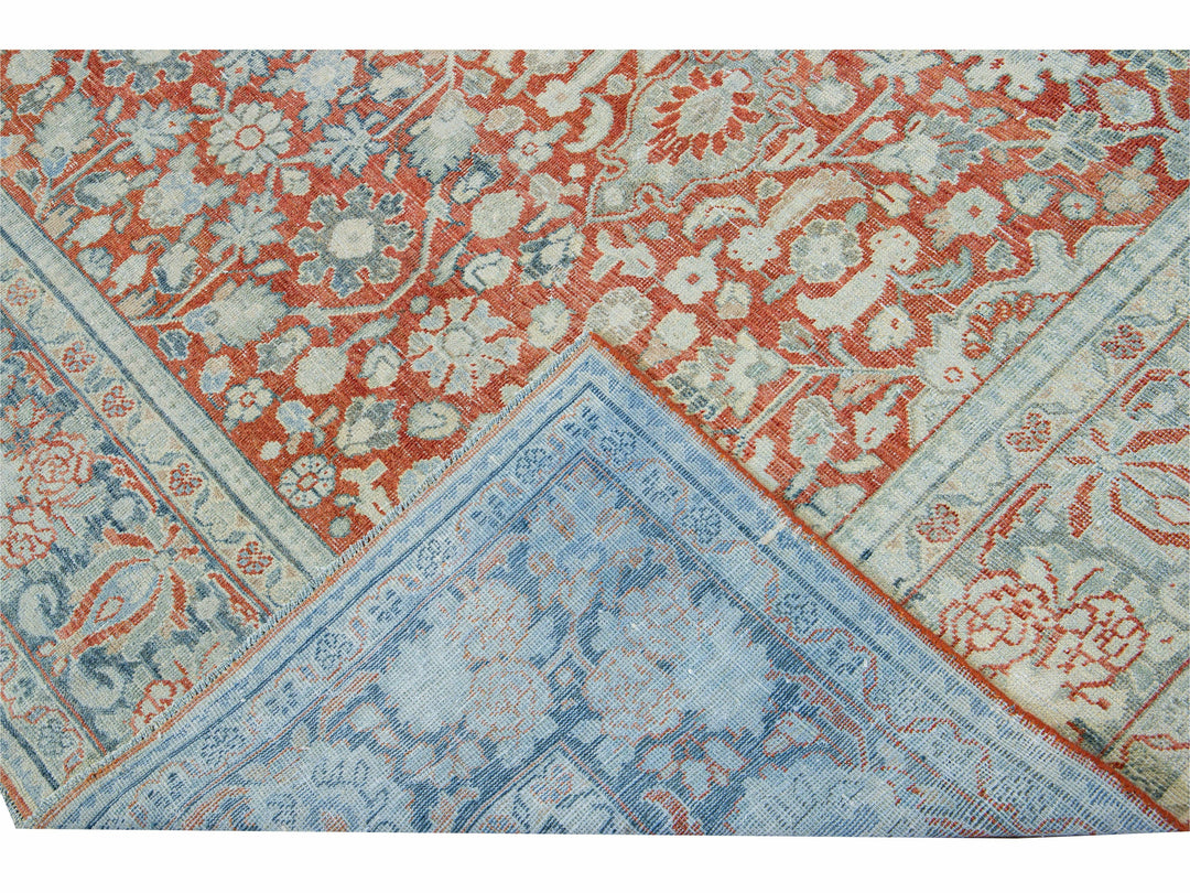Antique Mahal Handmade Floral Motif Red Wool Rug