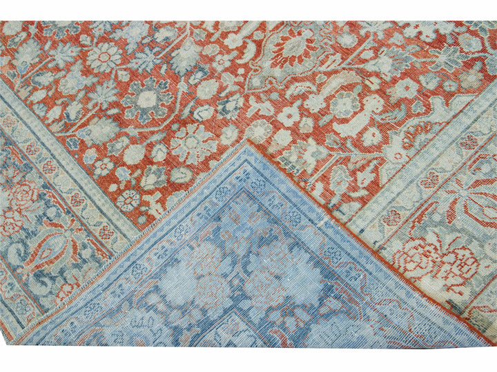 Antique Mahal Handmade Floral Motif Red Wool Rug