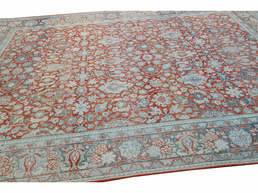 Antique Mahal Handmade Floral Motif Red Wool Rug