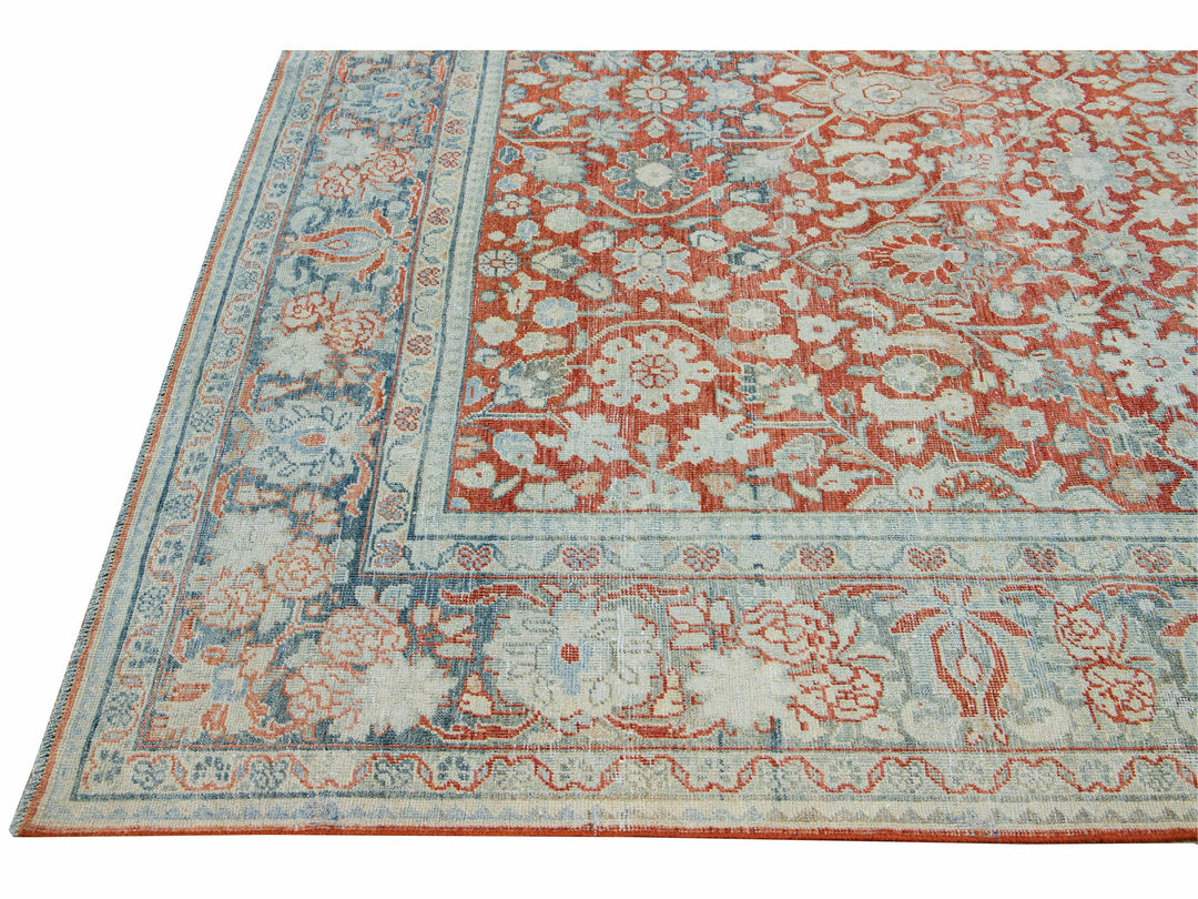 Antique Mahal Handmade Floral Motif Red Wool Rug