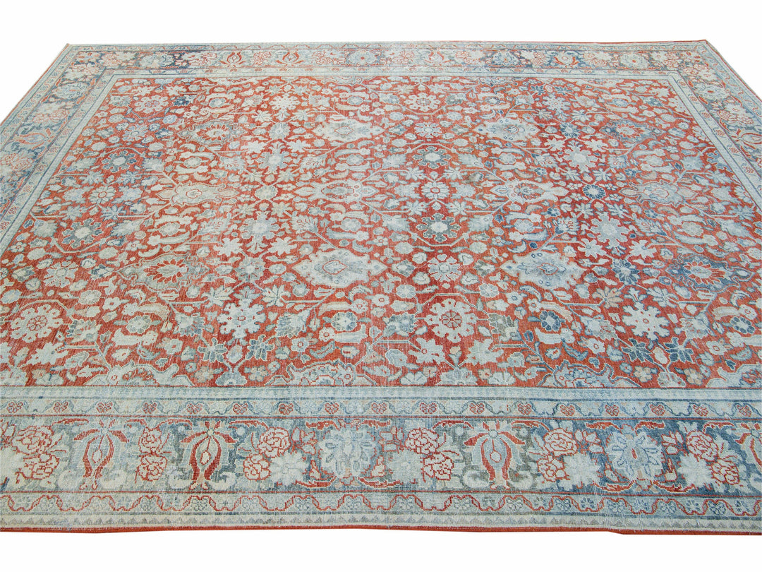 Antique Mahal Handmade Floral Motif Red Wool Rug