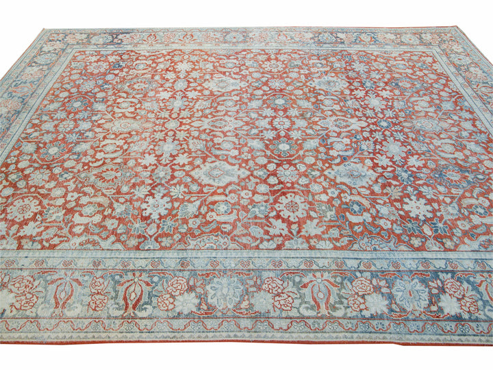 Antique Mahal Handmade Floral Motif Red Wool Rug