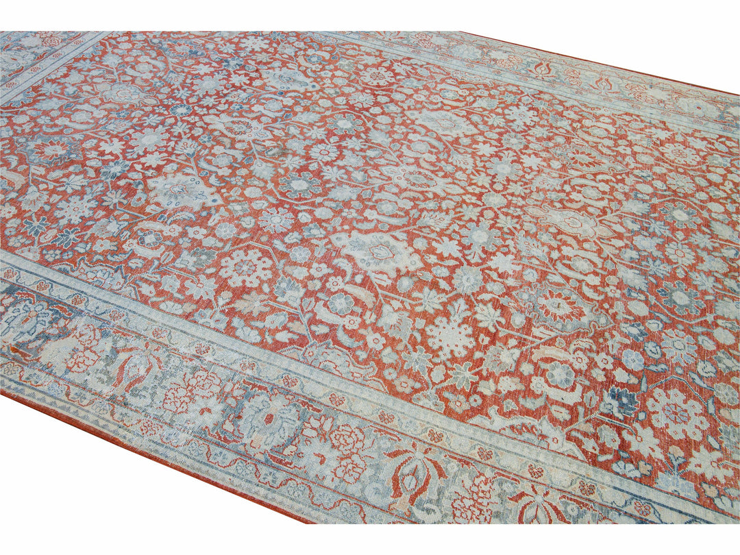 Antique Mahal Handmade Floral Motif Red Wool Rug
