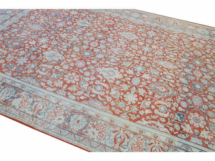 Antique Mahal Handmade Floral Motif Red Wool Rug