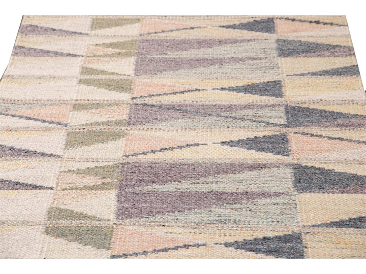 Modern Swedish Style Handmade Beige Geometric Abstract Long Wool Runner
