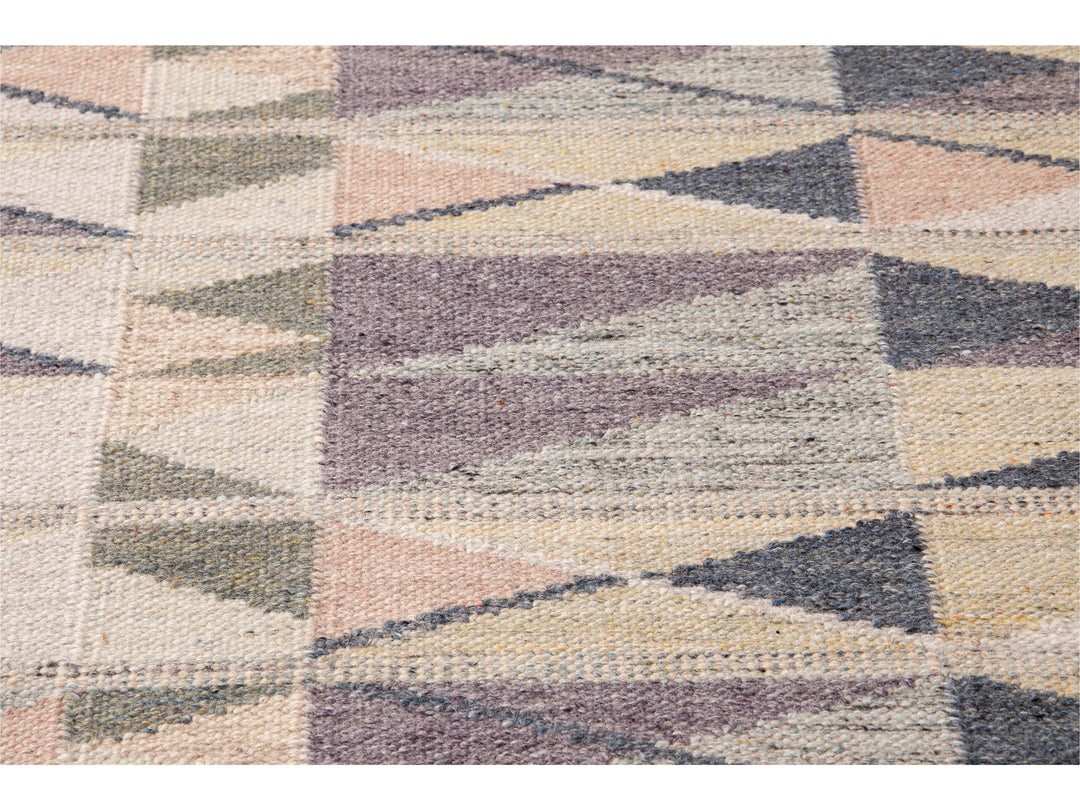 Modern Swedish Style Handmade Beige Geometric Abstract Long Wool Runner