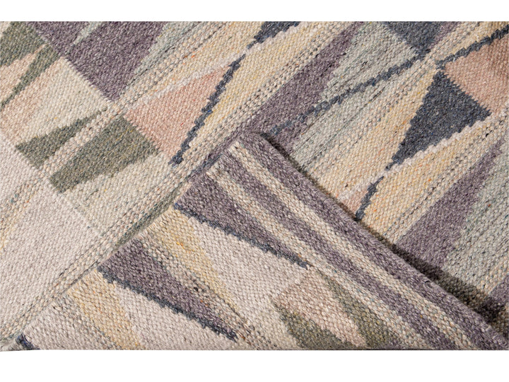 Modern Swedish Style Handmade Beige Geometric Abstract Long Wool Runner
