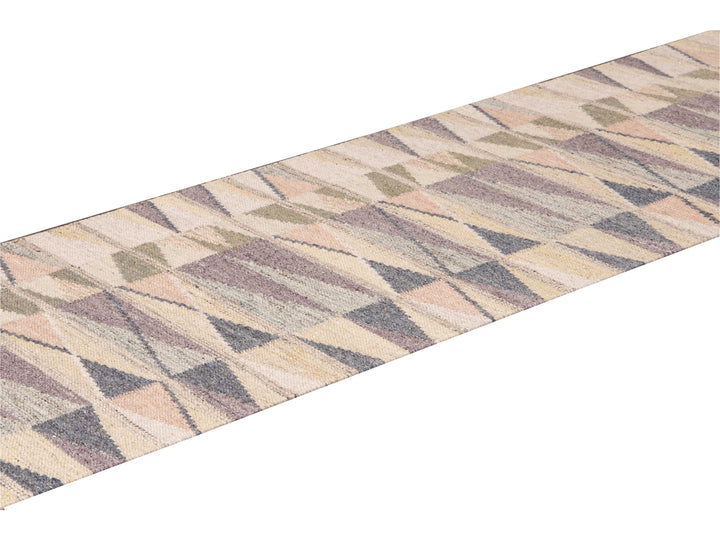 Modern Swedish Style Handmade Beige Geometric Abstract Long Wool Runner
