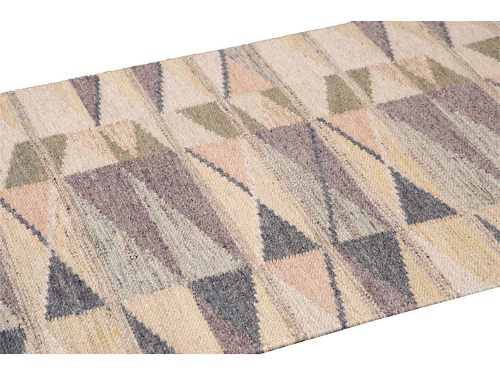 Modern Swedish Style Handmade Beige Geometric Abstract Long Wool Runner
