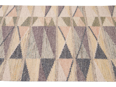 Modern Swedish Style Handmade Beige Geometric Abstract Long Wool Runner