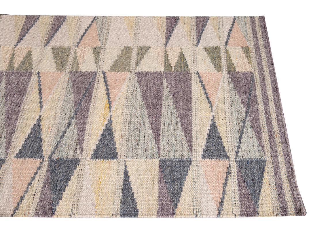 Modern Swedish Style Handmade Beige Geometric Abstract Long Wool Runner
