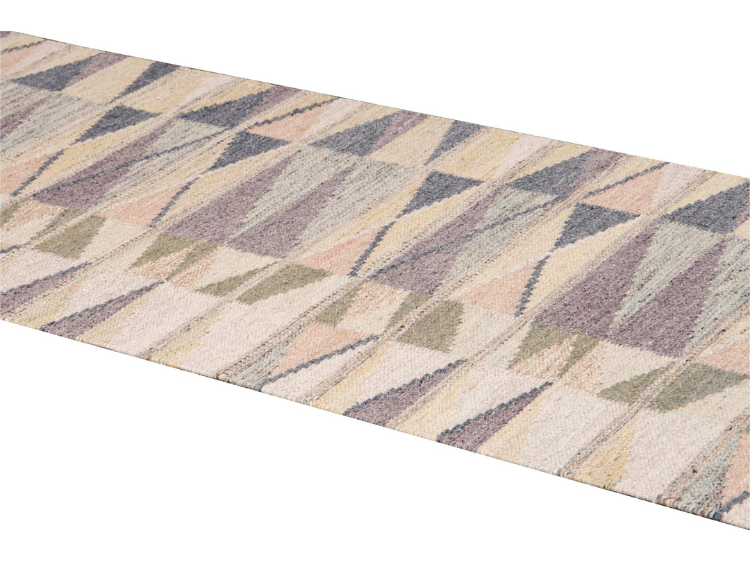 Modern Swedish Style Handmade Beige Geometric Abstract Long Wool Runner