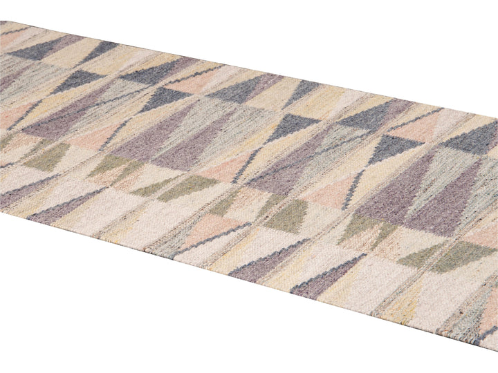 Modern Swedish Style Handmade Beige Geometric Abstract Long Wool Runner