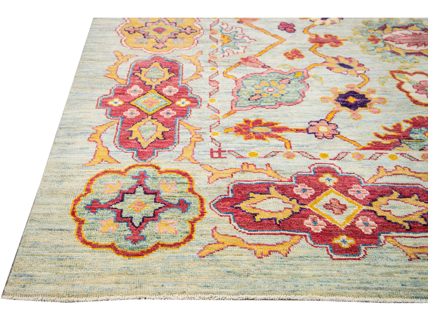 Modern Oushak Handmade Geometric Floral Blue Oversize Wool Rug