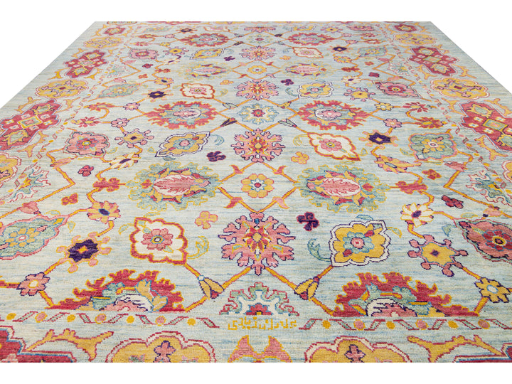 Modern Oushak Handmade Geometric Floral Blue Oversize Wool Rug