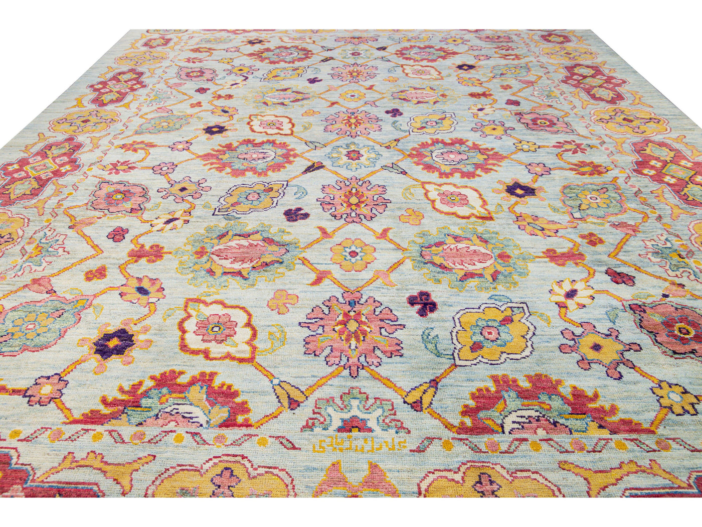 Modern Oushak Handmade Geometric Floral Blue Oversize Wool Rug