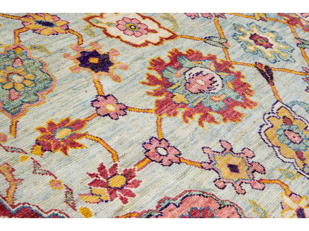 Modern Oushak Handmade Geometric Floral Blue Oversize Wool Rug