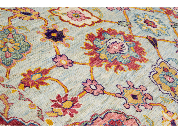 Modern Oushak Handmade Geometric Floral Blue Oversize Wool Rug