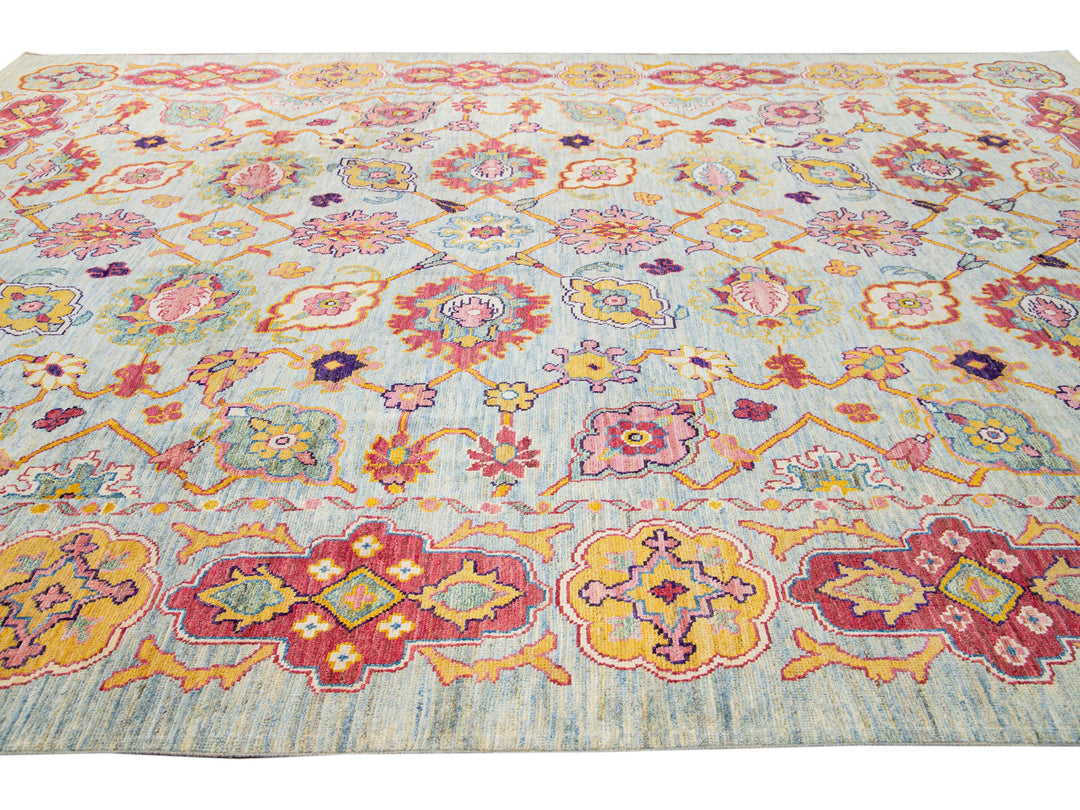 Modern Oushak Handmade Geometric Floral Blue Oversize Wool Rug