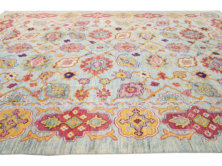 Modern Oushak Handmade Geometric Floral Blue Oversize Wool Rug