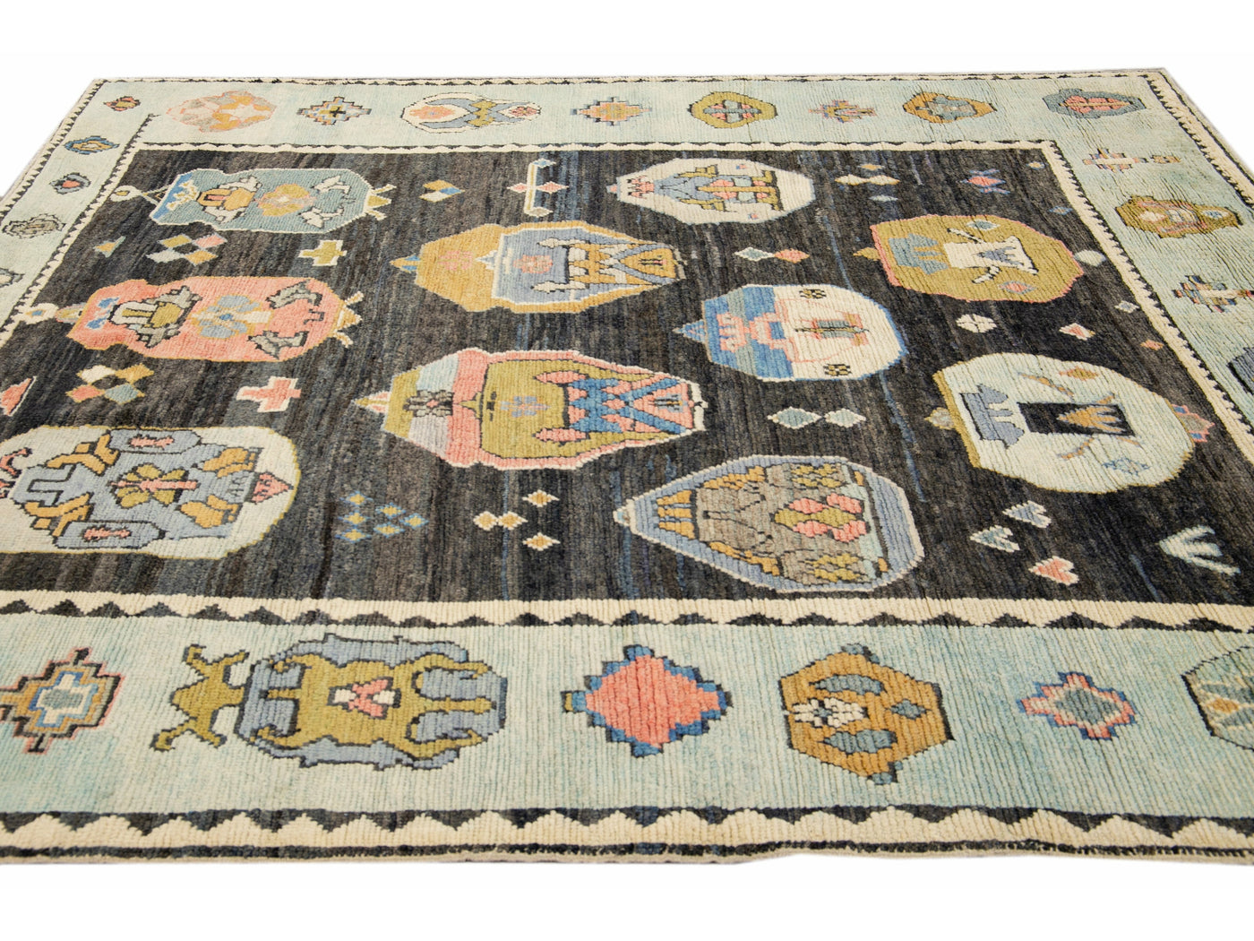 Modern Designed Gray Oushak Handmade Multicolor Pattern Wool Rug