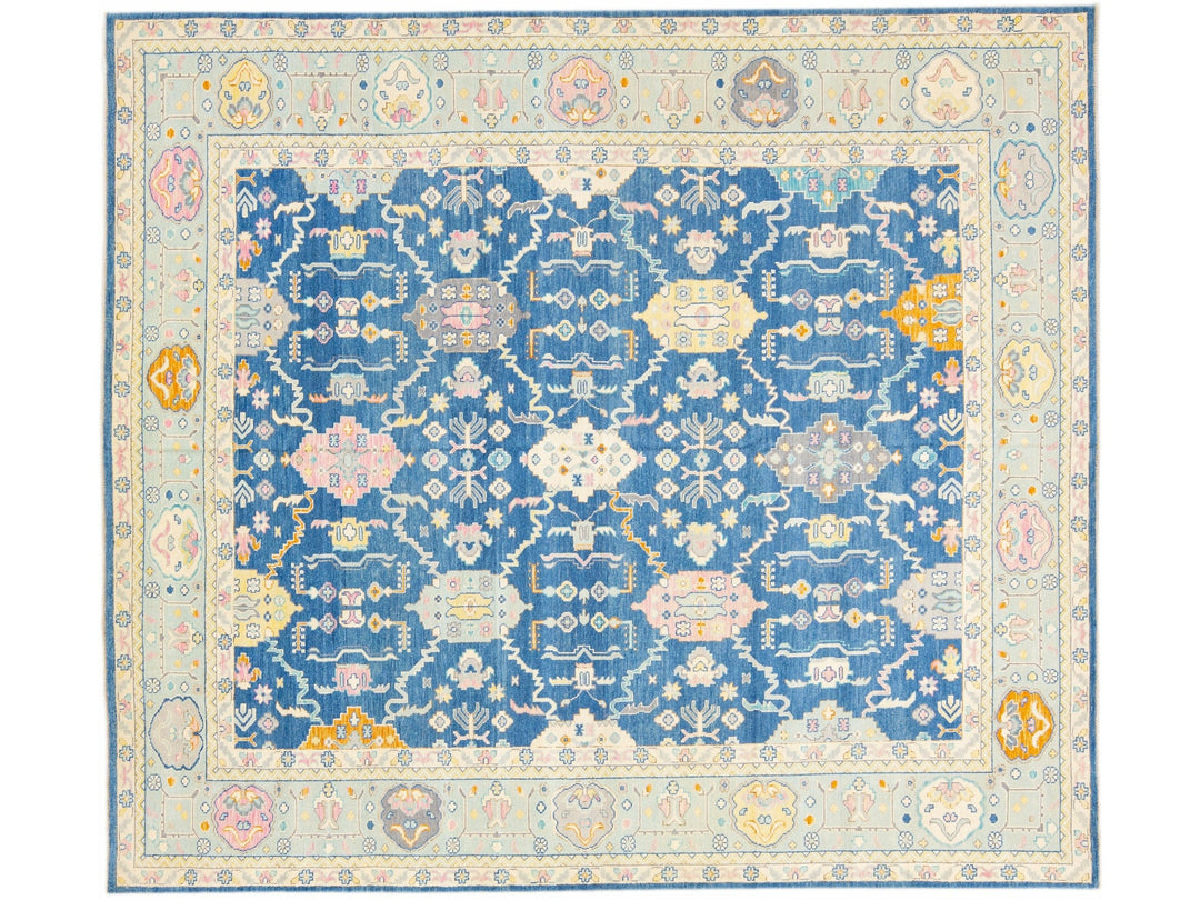 Blue Modern Oushak Handmade Multicolor Floral Motif Oversize Wool Rug