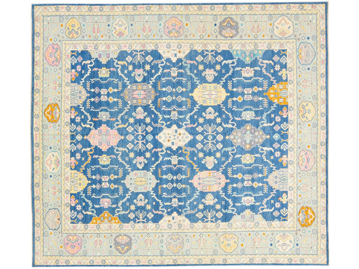 Blue Modern Oushak Handmade Multicolor Floral Motif Oversize Wool Rug