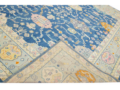 Blue Modern Oushak Handmade Multicolor Floral Motif Oversize Wool Rug