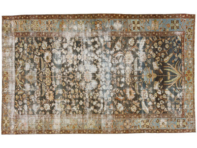 Antique Malayer Handmade Allover Pattern Distressed Blue Wool Rug