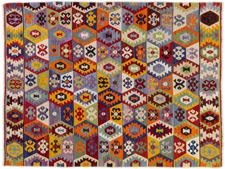 Vintage Turkish Kilim Flatweave Multicolor Geometric Designed Wool Rug