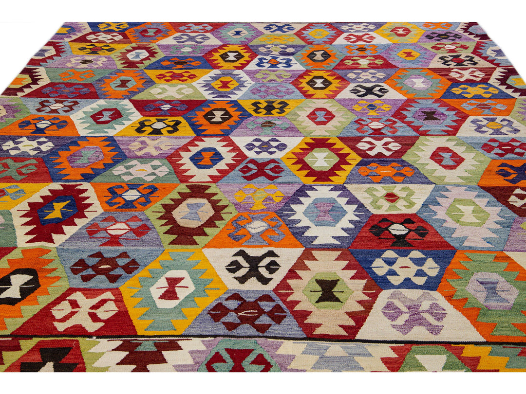 Vintage Turkish Kilim Flatweave Multicolor Geometric Designed Wool Rug