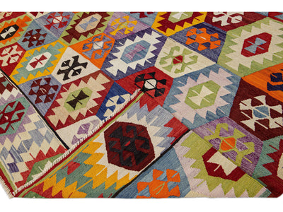 Vintage Turkish Kilim Flatweave Multicolor Geometric Designed Wool Rug