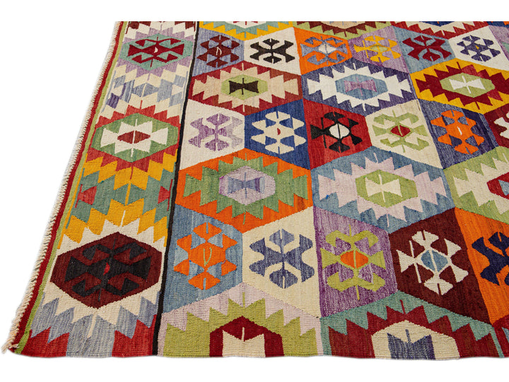 Vintage Turkish Kilim Flatweave Multicolor Geometric Designed Wool Rug