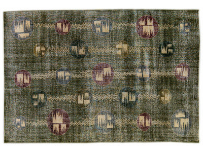 Vintage Turkish Deco Handmade Geometric Pattern Green Wool Rug