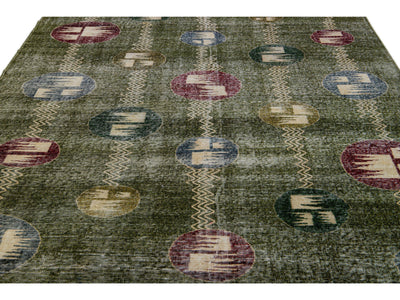 Vintage Turkish Deco Handmade Geometric Pattern Green Wool Rug