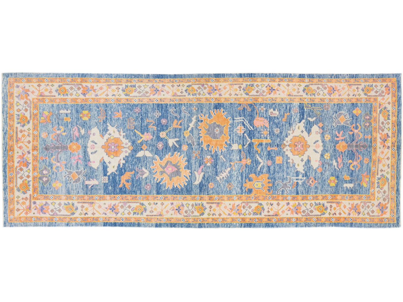 Modern Turkish Oushak Blue & Orange Handmade Designed Wool Runner