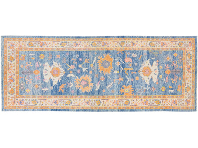 Modern Turkish Oushak Blue & Orange Handmade Designed Wool Runner