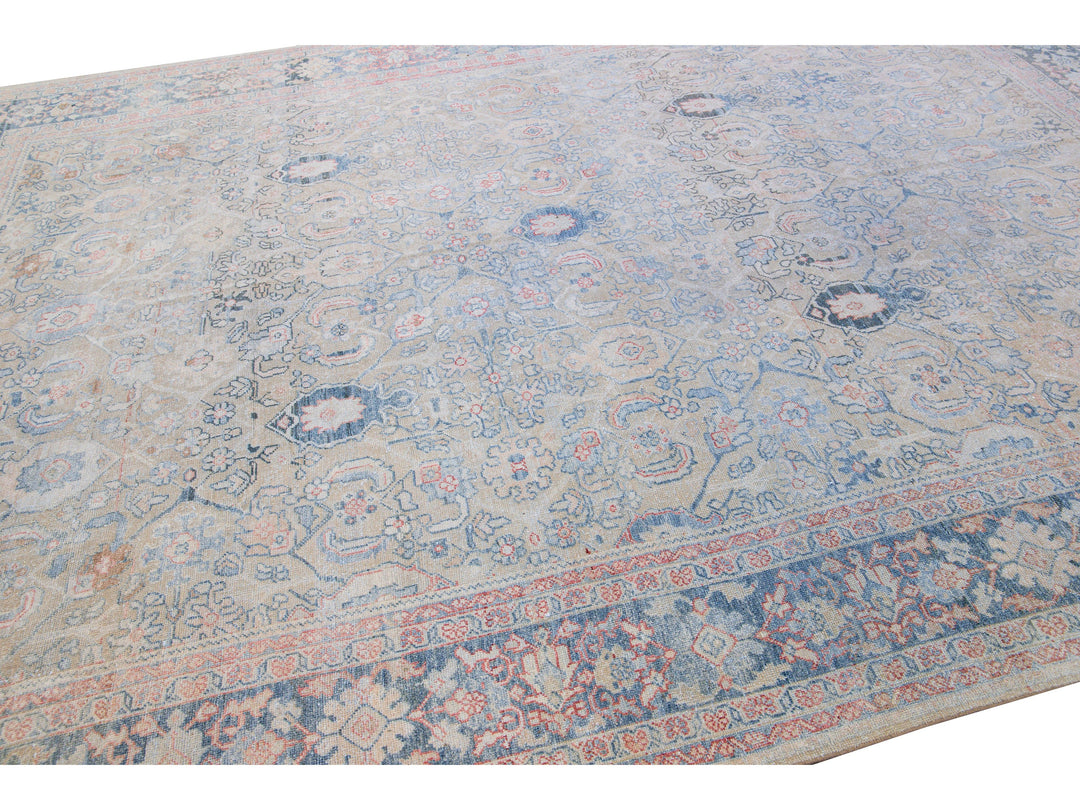 Antique Mahal Handmade Floral Designed Beige Wool Rug