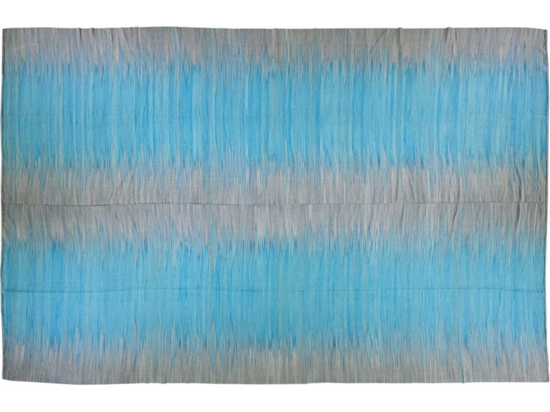 Modern Kilim Flatweave Blue and Gray Abstract Motif Oversize Wool Rug