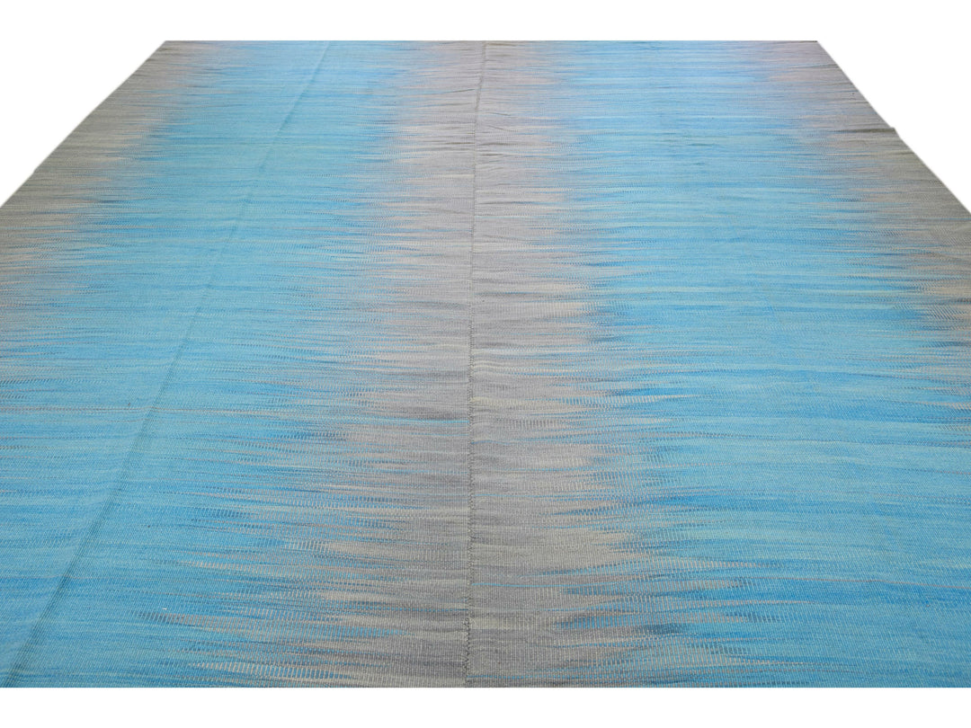 Modern Kilim Flatweave Blue and Gray Abstract Motif Oversize Wool Rug
