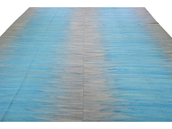 Modern Kilim Flatweave Blue and Gray Abstract Motif Oversize Wool Rug