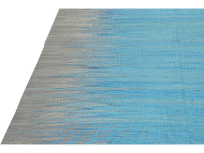 Modern Kilim Flatweave Blue and Gray Abstract Motif Oversize Wool Rug