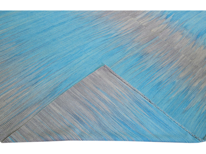 Modern Kilim Flatweave Blue and Gray Abstract Motif Oversize Wool Rug